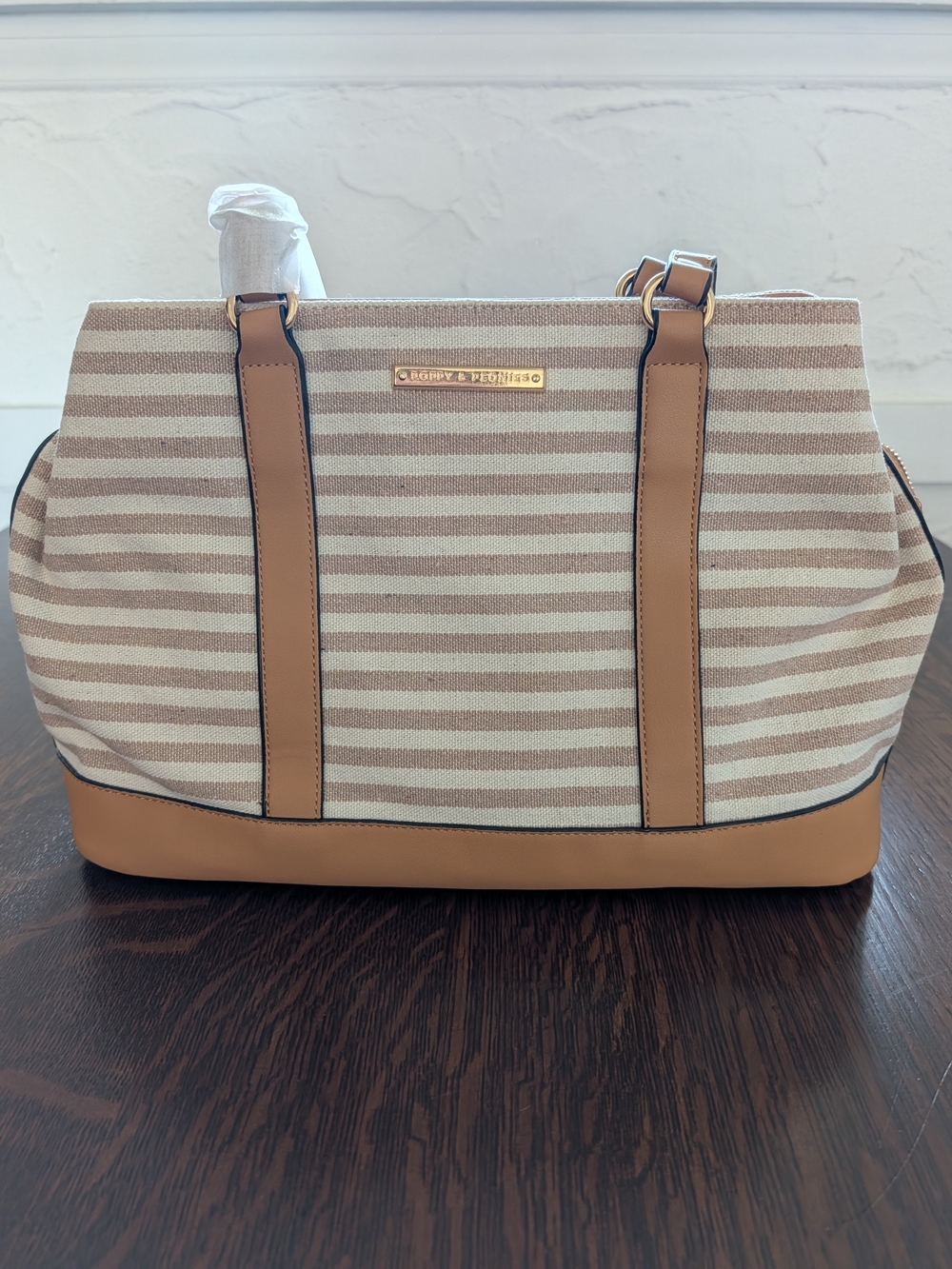 NWOT Poppy & Peonies Striped Canvas & Vegan Leather Triple Compartment Tote Bag